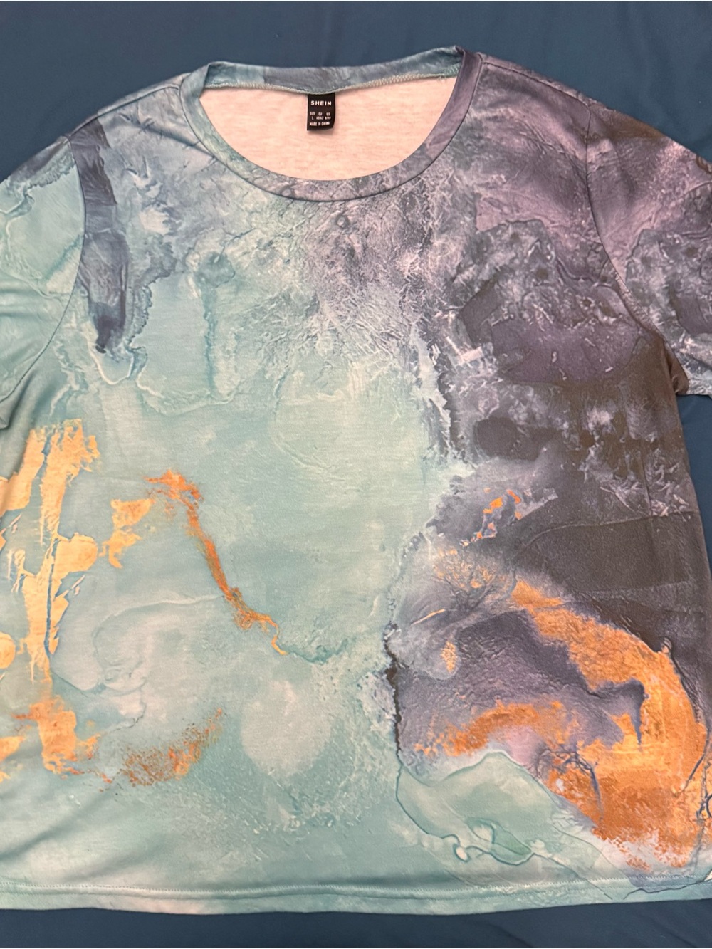 SHEIN Teal & Aqua Marble-Print Short Sleeve Tee